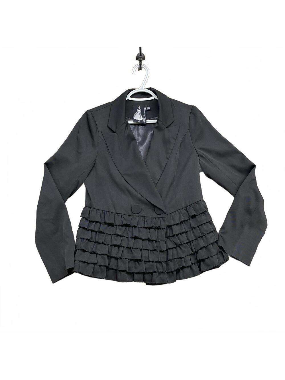Twelve By Twelve Los Angeles Black Satin Ruffled Peplum Blazer Jacket M VTG Y2K